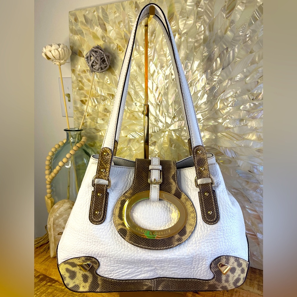 D&G DOLCE & GABBANA Lizardskin And White Leather Handbag With Gold Tone Hardware